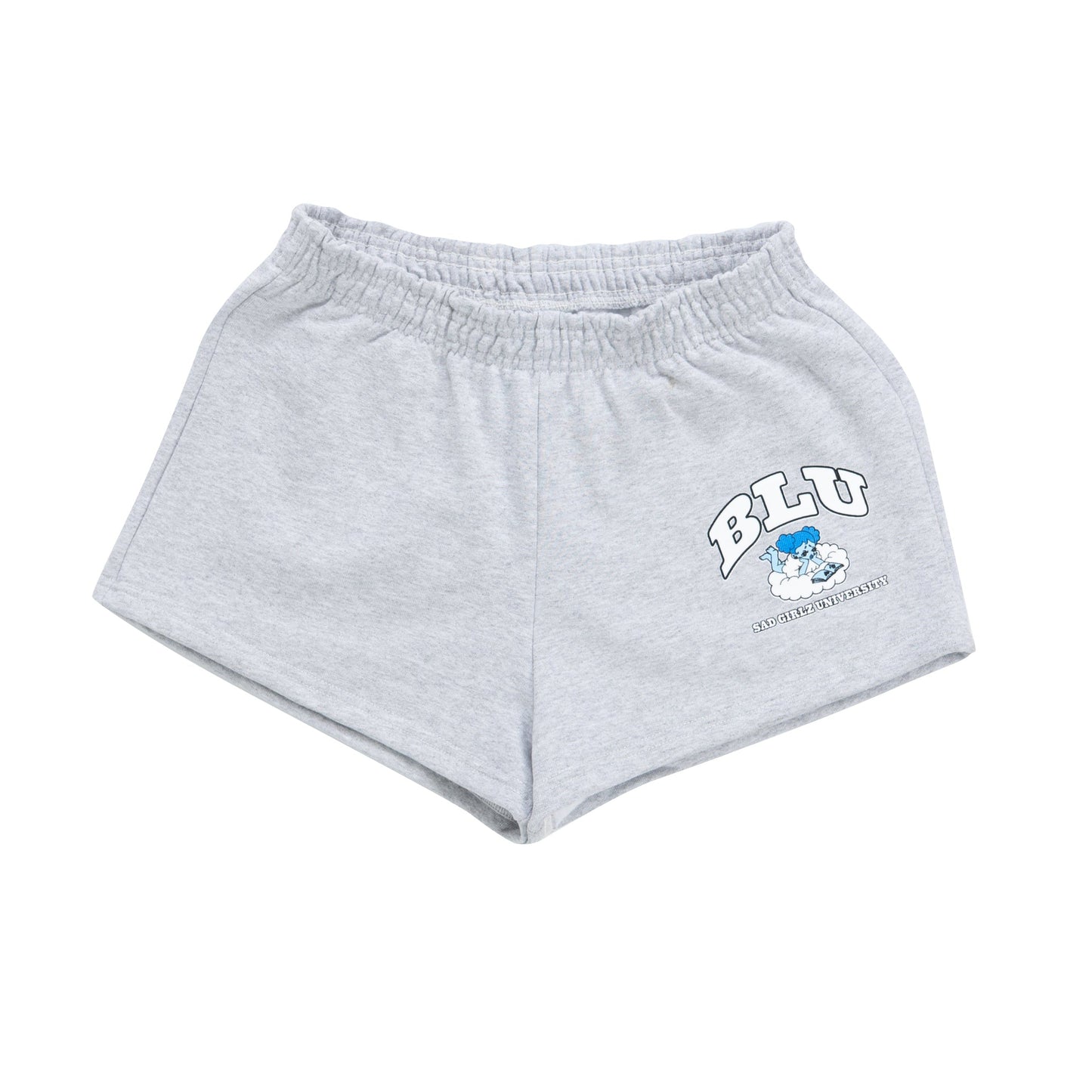 Gray shorts with a logo on a white background