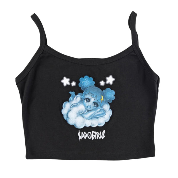 Black crop top with blue character and 'SADGIRLZ' text on a white background