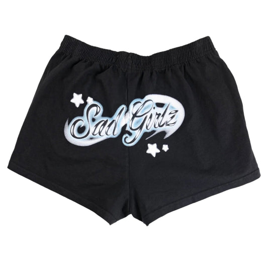Black shorts with 'Sad Girls' text on a white background