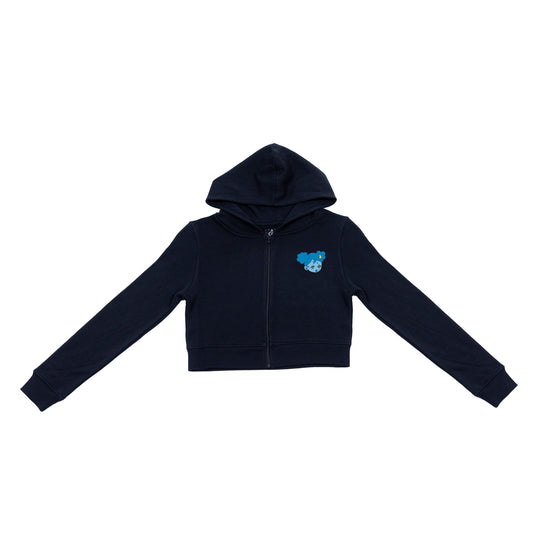 Black hoodie with a blue logo on a white background