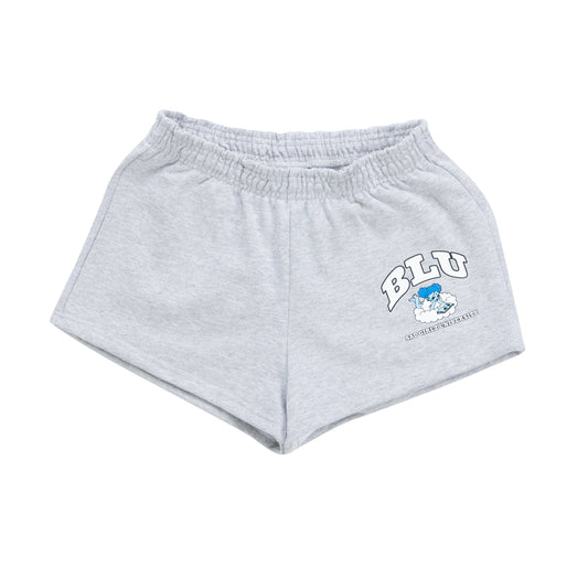 Gray shorts with a logo on a white background