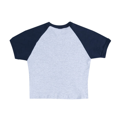 Navy and gray baseball t-shirt on a white background