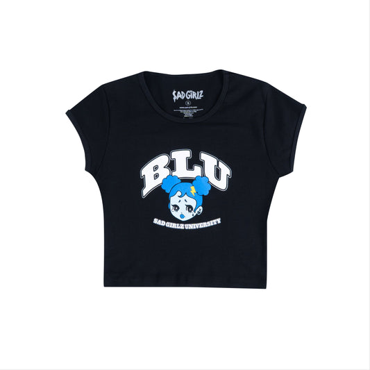 Black crop top with 'BLU' logo on a white background