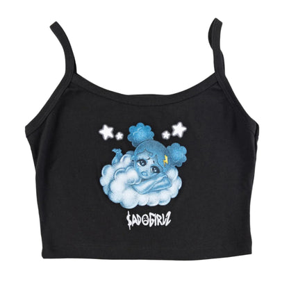 Black crop top with blue character and 'SADGIRLZ' text on a white background