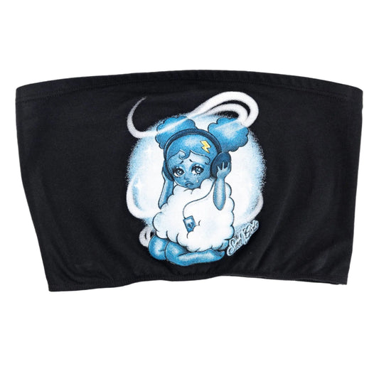 Black bandeau top with a blue cartoon character holding a white cloud design on a white background